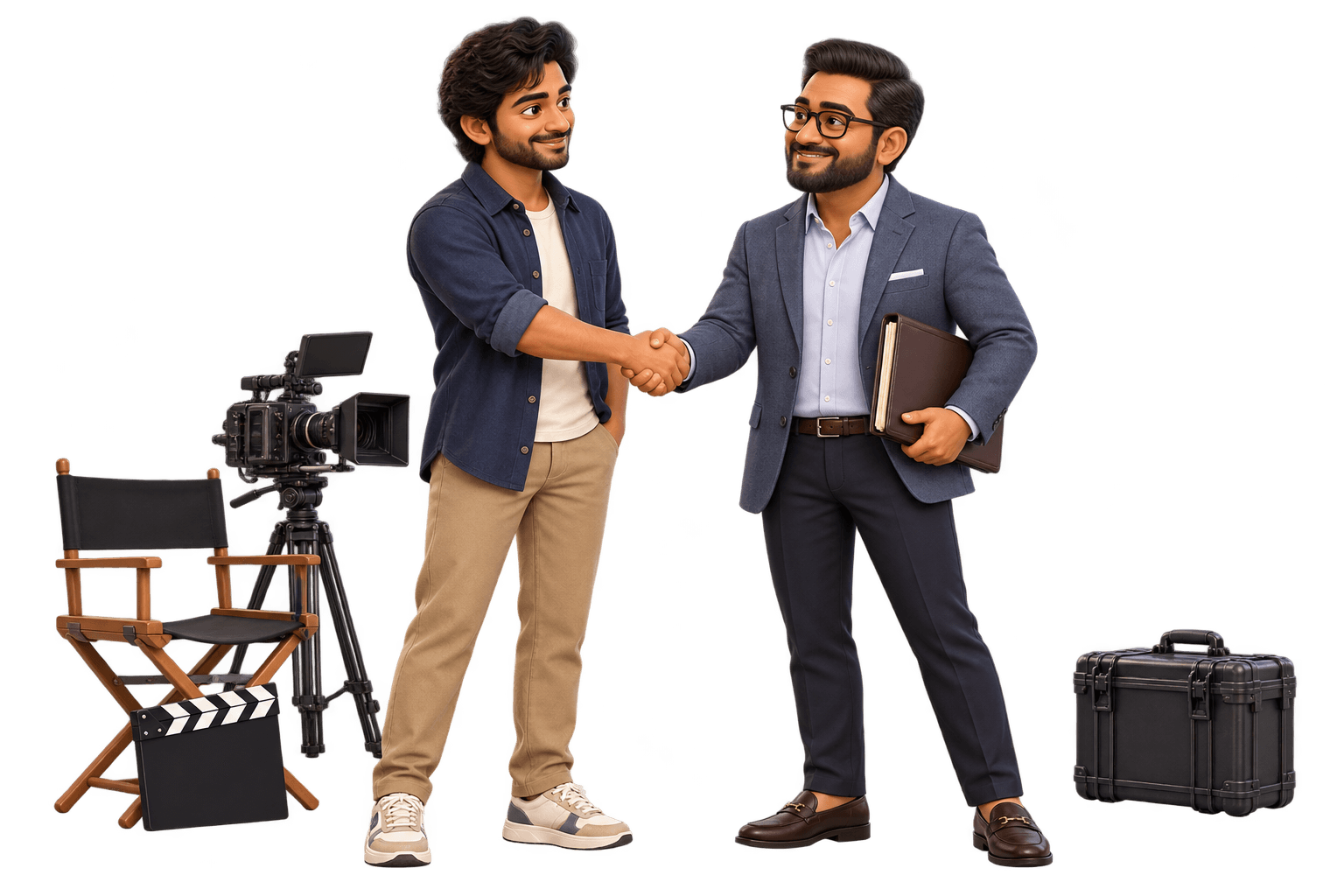 An Indian film director and producer shake hands beside a director’s chair, cinema camera, and clapperboard.
